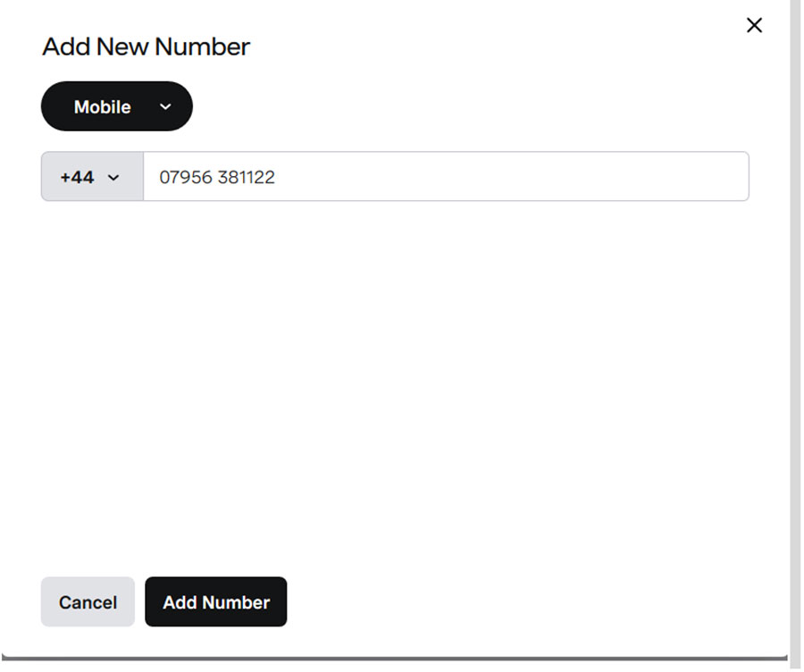 VBC Portal screenshot of choosing number type