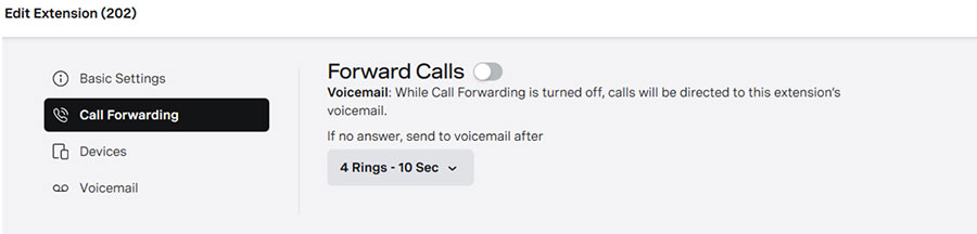 VBC Portal screenshot of call forwarding